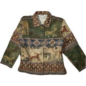 Vintage Cave Art Button Jacket Size Small Animals Nature AOP